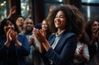 © Vilaysack - Black woman, Target growth, finance team and diversity of business group clapping for support and happiness. Company success. Generative AI