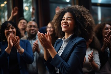 Black woman, Target growth, finance team and diversity of business group clapping for support and happiness. Company success. Generative AI