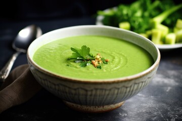 Wall Mural - wide shot of a celery detox soup in a tilted angle