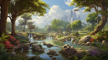 The Garden Of Eden Is A Biblical Paradise Described In The Book Of Genesis, Symbolizing A Pristine And Idyllic Place Where The First Humans, Adam And Eve, Lived In Harmony With Nature. AI Generated.