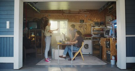 Aufkleber - Diverse Team Of Three Young Tech Startup Company Founders Working In Retro Garage, Using Old Desktop Computer. Male And Female Entrepreneurs Developing Innovative Online Service In Nostalgic Nineties.