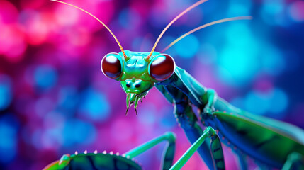 close up mantis on a neon background. AI Generated.