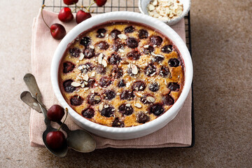 Wall Mural - Homemade cherry clafoutis with almond flakes