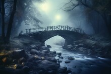 Mystical Forest At Night. Moonlit River, Stone Shore, Foggy Ambiance. Bridge Crossing River. Enchanting Landscape. Generative AI