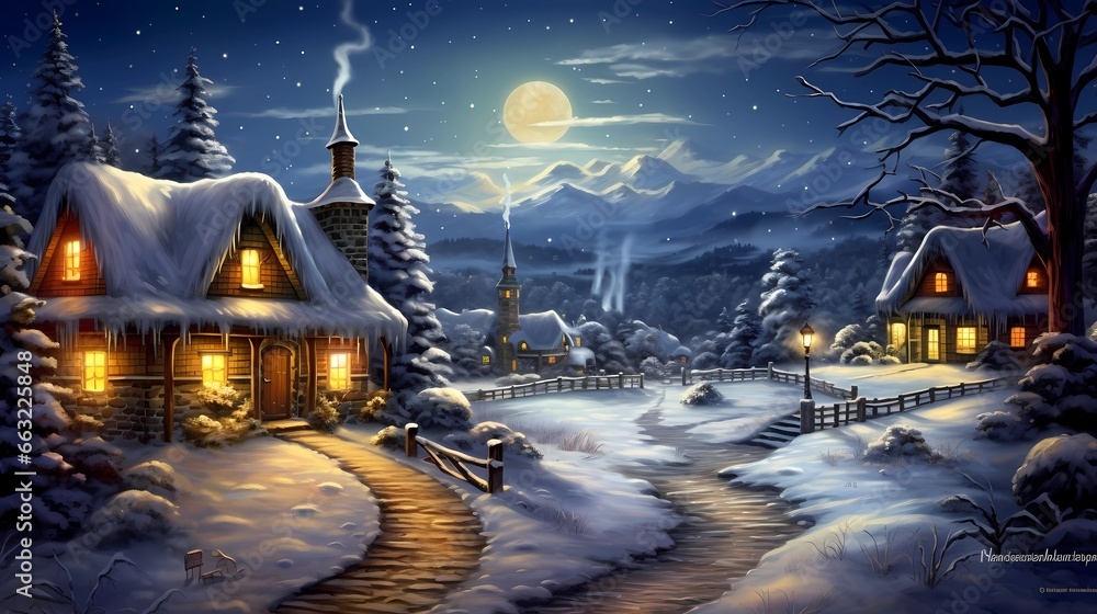 Christmas Night in Village. Snow Man, Ice Mountain, Snow Houses.Concept ...