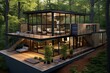 Contemporary forest house built from shipping container with solar panel rooftop, surrounded by breathtaking nature landscape for eco-friendly living. Generative AI