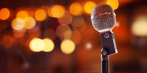 Wall Mural - Closeup of retro microphone on stage with a bokeh light backdrop. Karaoke or concert concept. Generative AI