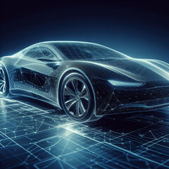 Wall Mural - Futuristic black electric car with holographic wireframe digital technology background, a glimpse into the future of transportation.