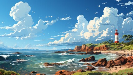 Wall Mural - A lighthouse against a blue sky and sea as an illustration