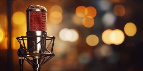 Wall Mural - Closeup of professional microphone with dark bokeh light backdrop. Karaoke or concert concept. Generative AI