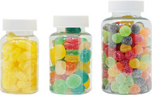 Collection Of Three Gummy Jelly Colourful Jars Of Different Sizes On Transparent Background. Nutritional Supplement And Vitamin C
