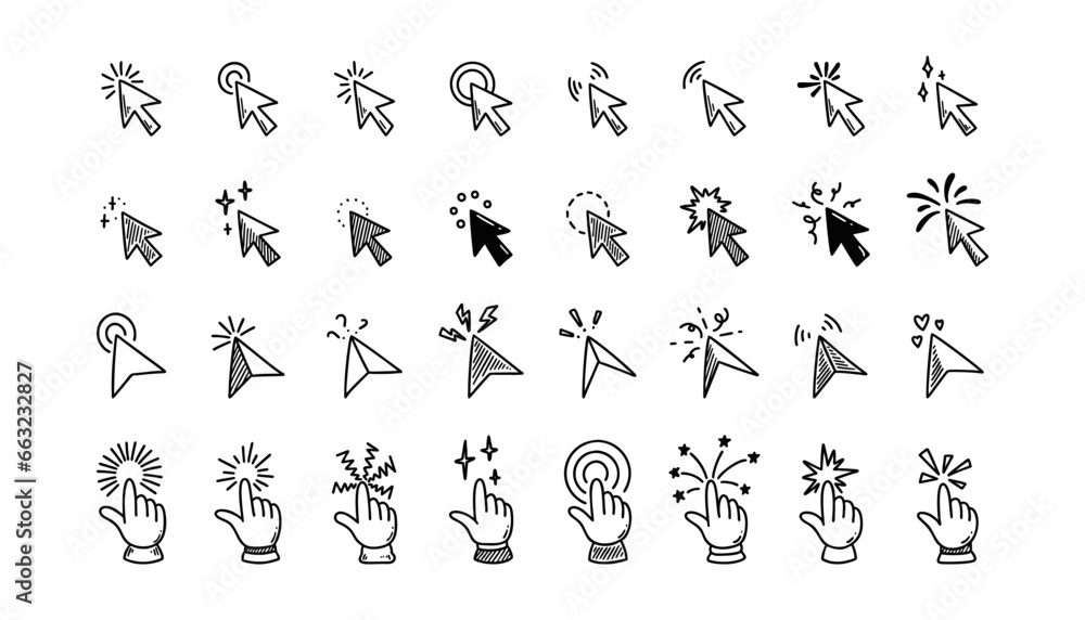 Doodle click icon set. Hand drawn mouse cursor. Press here tap button ...