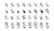 Doodle click icon set. Hand drawn mouse cursor. Press here tap button. Arrow and finger pointer. Sketch vector illustration