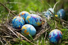 Easter Eggs In Grass. Generative AI