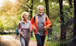 © ginettigino - Smiling elderly couple are jogging in city park. Happy grandparents jogging together.