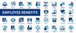 Employee benefits flat icons set. Pay raise, maternity rest, health and life insurance, paid vacation, social security icons and more signs. Flat icon collection.