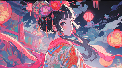 Wall Mural - Hand-drawn cartoon animation of beautiful Chinese costume girl illustration
