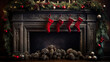 Fireplace mantle with fresh holly red berries and pine cones