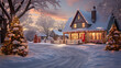 Picturesque Snow-Covered Village Square with Cozy Cottages and Festive Gazebo