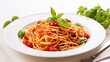 © Vilaysack - Delicious classic of pasta and spaghetti with tomato sauce in a plate on a white background. Generative Ai