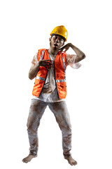 Sticker - A scary construction worker zombie with blood and wounds on his body walking