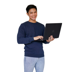 close up young asian freelancer man hold laptop and type while looking isolated on transparent background for png design as business and working people concept