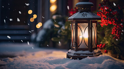 Poster - Lantern with Greenery Glowing on Snowy Step