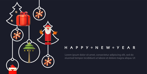 Wall Mural - Merry Christmas and Happy New Year flyer template. 3D toys. Season winter offer.