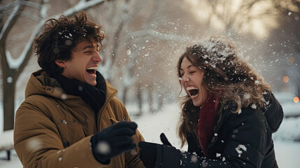 Wall Mural - Couple's lively snowball fight in winter park