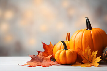 Wall Mural - Autumn background with pumpkins and leaves, Thanksgiving background theme