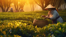 Tea Picker Women Harvesting Tea Leafs In A Tea Plantation