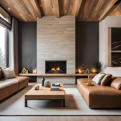 Two sofas against of stone tiled wall with fireplace. Interior design of modern living room in chalet.