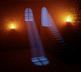 Wall Mural - Inside an old stone castle at night in the moonlight.