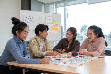 Wall Mural - brainstorm planing creative teamwork, close up of hands mobile phone app developer team meeting abou