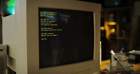 Leinwandbilder - Close Up Shot Of Old Desktop Computer On Work Desk Of Software Developer In Retro Garage. Dated PC Has Operating System Terminal Opened, Prompts Running On Screen, Code Functioning Successfully.