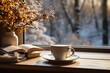 A cup of coffee and books on the windowsill overlooking snow-covered trees.