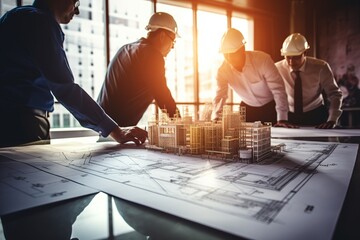 Wall Mural - A team of engineers and architects meetings discussions design, planning, and measurement of building layouts in the construction area. Construction and structural concepts of Engineer or Architect