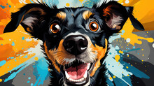 Multicolored Background With The Image Of A Hungry Dog, With Funny Facial Expressions. Generative AI