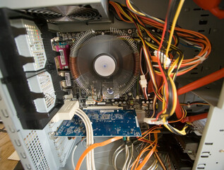 Closeup, computer hardware and cooling system with motherboard, RAM technology or data innovation of engineering. Background, pc cooler fan and maintenance of circuit board, cpu memory or upgrade GPU