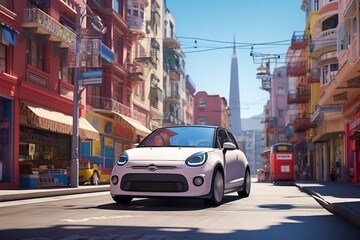 Naklejka na meble Small Compact Electric Car Navigating City Streets Created with Generative AI