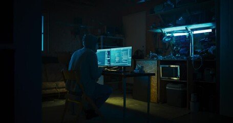 home garage late at night: evil male hacker wearing hoodie breaks into data servers, ddos attack, ph
