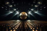 Fototapeta  - Golden disco ball in a dark empty room. Reflections of light on a disco ball