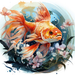 Watercolor Goldfish Illustration, Generative Ai