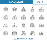 Fototapeta  - Buildings Icons. Real Estate, Garage, Church, School, Pool, Tent, Hotel, House, Shop, Factory