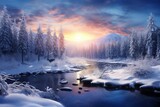 Fototapeta Most - Magic winter scene with a widescreen, generative ai