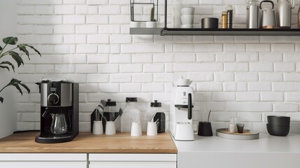 Wall Mural - Scandinavian style coffee corner with coffee machine and mugs, white brick wall