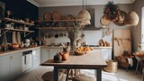 Fototapeta Boho - Scandinavian and boho style kitchen table with fall decoration 