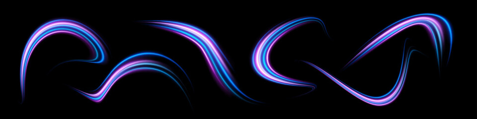 Wall Mural - Set of abstract neon waves on a black background. Vector illustration.