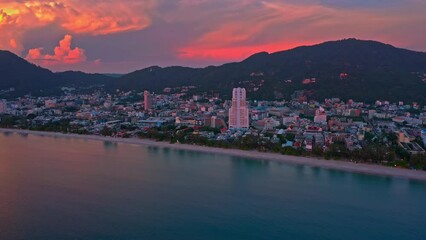 Wall Mural - Patong beach Phuket Thailand city view at sunset. Sea coast aerial landscape