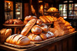 French bakery, different kinds of delicious fresh breads, cakes, buns and pastries in a baker shop cafe, front view.